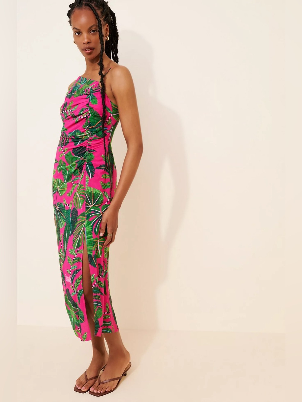 FARM Rio Leaves Asymmetric Midi Dress Fuchsia Pink Green Tropical Palm Size L